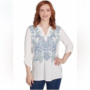NWT Ruby Rd. Boho Ivory Tunic Floral Embroidery Split Neck Size Medium